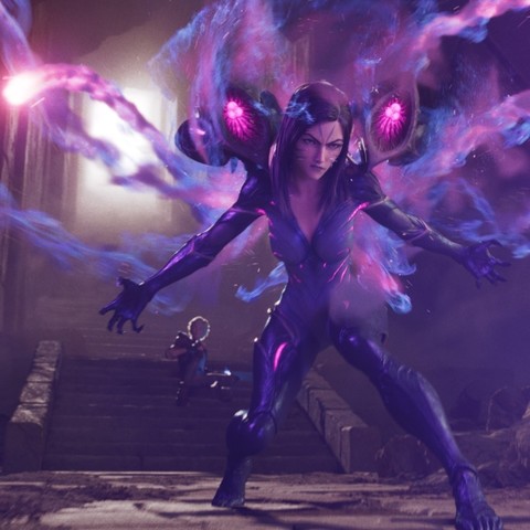 Image of the league of legends character Kai’Sa. She is a woman in a dark purple suit with lighter purple highlights and insectoid wings. Her straight brown hair is cut just below her shoulders. Purple streams of light shoot around 