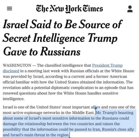 NYT headline and 2 paragraphs about former president sharing Israel intelligence with Russia. 