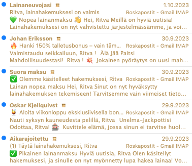 Ruutukaappauksessa viiden roskapostiviestin otsikkotiedot, kaikissa puhutellaan Ritvaa