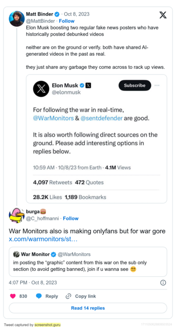 burga🍔
@C_hoffmanni
·
Oct 8
War Monitors also is making onlyfans but for war gore
Quote
War Monitor
@WarMonitors
·
Oct 7
im posting the “graphic” content from this war on the sub only section (to avoid getting banned), join if u wanna see 😵‍💫