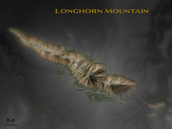 A map of Longhorn Mountain.

The mountain is rendered in muted earth tones, contrasted  with the surrounding lands, rendered in dark grayscale.