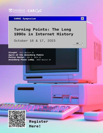 Image of an old computer and keyboard in the backgroud and an open tab with symposium details at the forefront