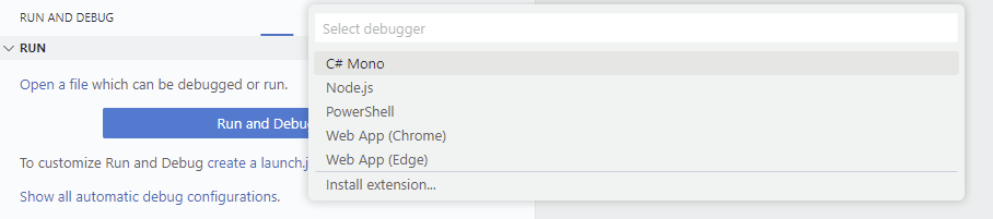 Run and Debug drop down showing an option for "C# Mono", but nothing for "C# .NET Framework".