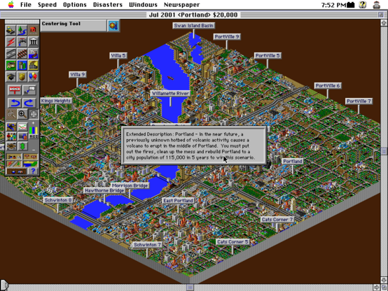 A Sim City map showing Portland with a scenario description