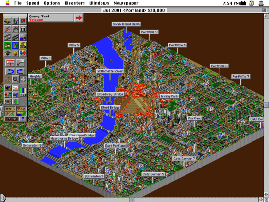 A Sim City 2000 version of Portland getting consumed by a volcano