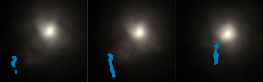 a time sequence showing the simulated gas density of the cluster (white/yellow) and the evolving location of particles finally found at the relic (blue). taken from the article