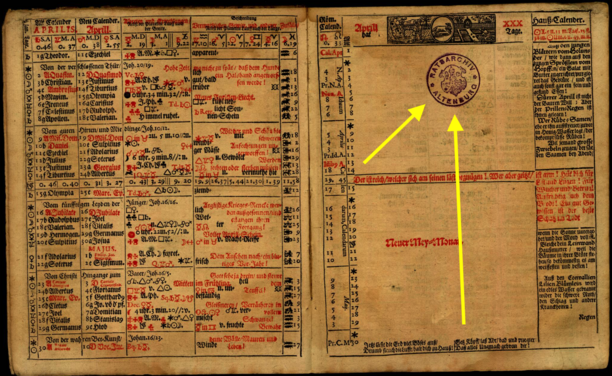 Page with a stamp from the "Alt und Neuer Schreib-Calender/ nebst beygehörigem Prognostico/ Uber das sonder-importirliche und denckwürdige Geschicht-Jahr/ nach der ... Geburt Jesu Christi/ M.DC.LXV." (Frankfurt 1665). https://zs.thulb.uni-jena.de/receive/jportal_jpvolume_00079702