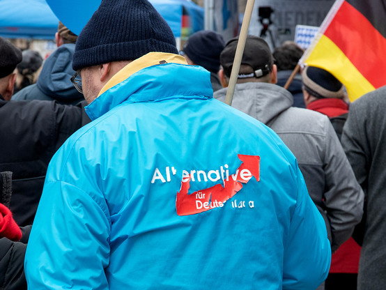 Ein AfD-Anhänger mit blauer Jacke und abgenutztem Parteilogo