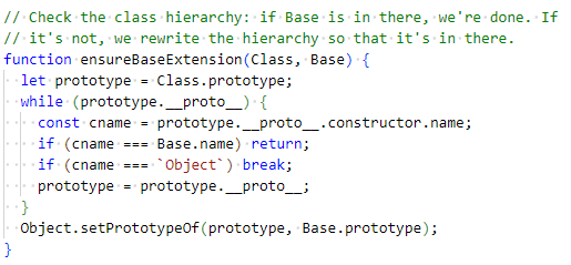 A piece of JavaScript code that takes a class definition and checks whether it extends off of a specific "base" class. If it does, this code does nothing, but if it doesn't, the code rewrites the class hierarchy to include the desired base class.