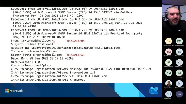Screenshot of YouTube video linked in post. Depicting a Teams call, with speaker image topright corned. Below that attendee avatars and at the left a slide with SMTP headers, black letter on a white background. Below there is a blue bar with the Microsoft and Exchange logo in predominantly blue colors