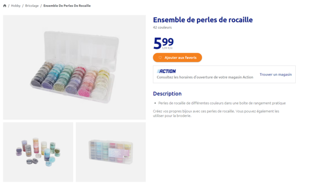 capture d'écran du site action.com qui présente un lot de 42 boîtes de perles de rocaille dans un coffret, ainsi  que le prix 5,99 et les caractéristiques et la mention de la boîte de rangement. 