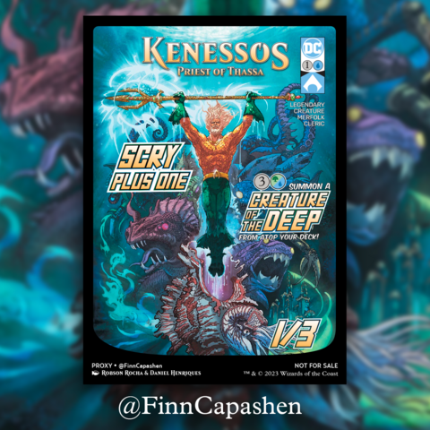 DC Comics character Aquaman holding a golden, bejeweled triton, swimming in front of a variety of large sea creatures.