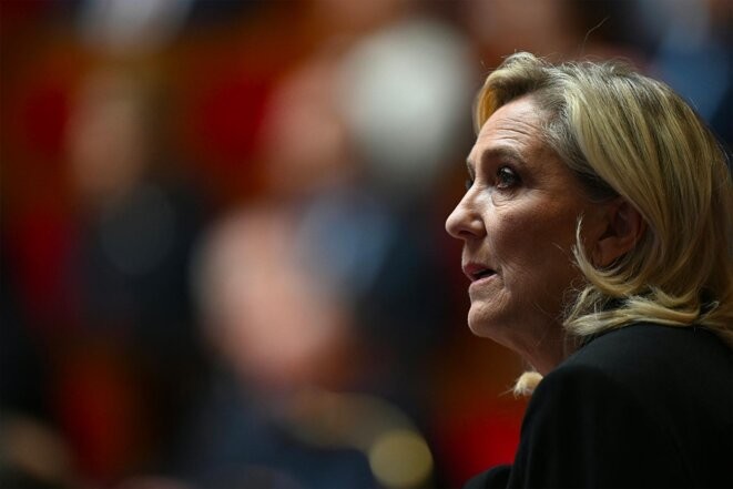 Marine Le Pen lors d'une séance de questions au gouvernement à l'Assemblée nationale, le 10 octobre 2023. © Photo Miguel Medina / AFP