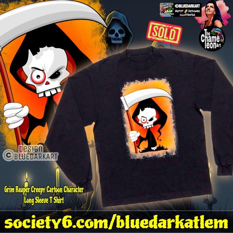 Grim Reaper Creepy Cartoon Character Copyright BluedarkArt TheChameleonArt ● Long Sleeve Tees available for sale in the BluedarkArt Society6 Shop