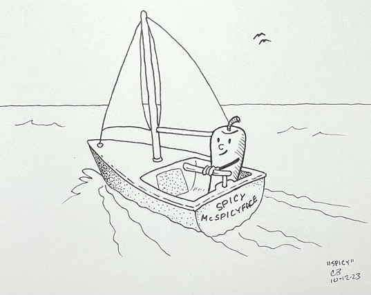 Ink drawing of an anthropomorphized jalapeno pepper in a sailboat. The boat is named "Spicy McSpicyface".