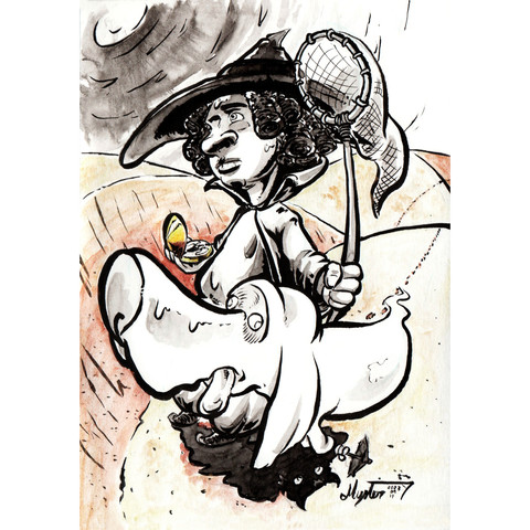 Dessin par mysterty représenté en fisheye. La petite sorcière se tient au milieu du désert, sa boussole à la main, visiblement épuisée. Son chien fantôme n'est pas dans un meilleur état, la langue pendante. Son ombre démoniaque se protège avec une petite ombrelle.