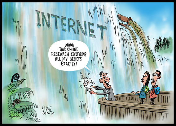 Cartoon depicts a middle-aged man holding a glass under a water fall labelled 'Internet' catching water and announcing to two bystanders "Wow! This online research confirms all my beliefs exactly!"  Refers to quote by Arthur C. Clarke: “Getting information from the internet is like getting a glass of water from the Niagara Falls.”  #confirmationbias #cartoon