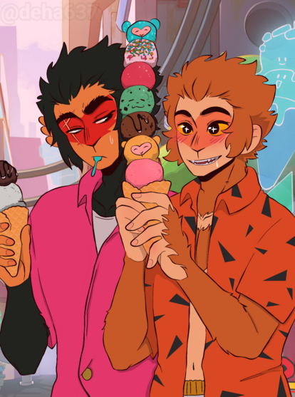Digital illustration of Macaque and Sun Wukong from Lego Monkie Kid in front of an ice cream shop. Wukong is holding a cone with 7 scoops of ice cream, all different flavors. He looks excited with sparkles in his eyes and a little drool on his chin. Macaque is next to him, holding a cone with two scoops, chocolate and vanilla. Macaque has a blue plastic spoon in his mouth, and he looks at Wukong with slight judgement and confusion. They are both wearing colorful summer shirts.