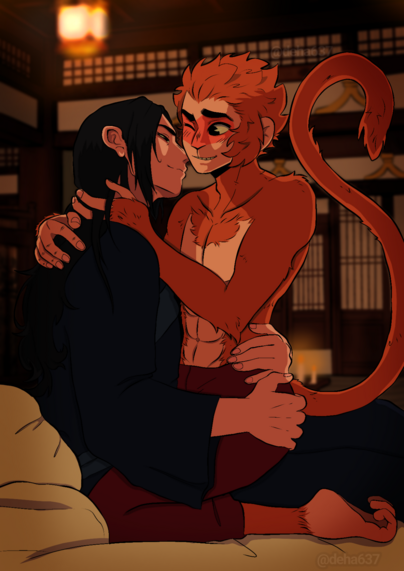 Digital illustration of Erlang Shen with his hair down sitting on a bed wearing a dark blue gown, and holding shirtless Sun Wukong on his lap. They look lovingly at each other. The room they are in is a traditional chinese room that is lit warmly with candles and oil lamps. Wukong has his right hand on Erlang's shoulder, and the left tenderly on his neck. Erlang's left arm is wrapped around Wukong's waist, and the right rests at his buttocks. It is a very warm and loving athmosphere.