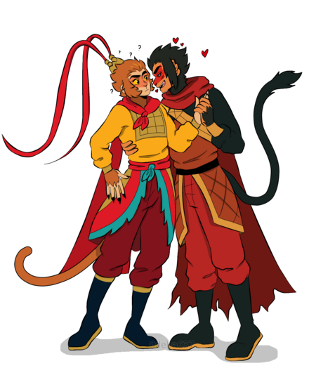 Digital fullbody drawing of Sun Wukong and the Six-Eared Macaque with no background. Wukong wears a gold chest plate over a yellow shirt, a gold coattail with red and turquoise trim, maroon pants, a red sash belt, and black boots with gold soles. He also wears a red two-piece cape and a small gold head dress with two long red feathers. Wukong has a confused expression as Macaque has pulled him close by the waist and is holding his hand. Macaque wears a yellow and black ru, with a black sash around his waist. Over his top is a brown and gold chest armor that is crossed left, and an armored skirt. He wears a tattered red scarf that flows into a cape, and black and gold boots. He looks at Wukong with a hungry grin, possibly flirting.