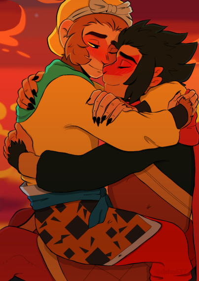 Digital illustration of Sun and Wukong sitting together at sunset. The illustration is based on their time together when they were younger, it comes across from Wukong's outfit. Wukong wears a long sleewed yellow robe with a black trim and a turquoise neckerchief, he also wears a spotted orange skirt with white lining and a blue belt. On his head he wears a yellow bonnet with a pale blue bow. His pants are red.  Wukong is sitting of Macaque's lap and they are embracing each other tenderly. Macaque has his eyes closed. Wukong has one eye open and he is looking lovingly at Macaque. Macaque is wearing his character typical outfit.