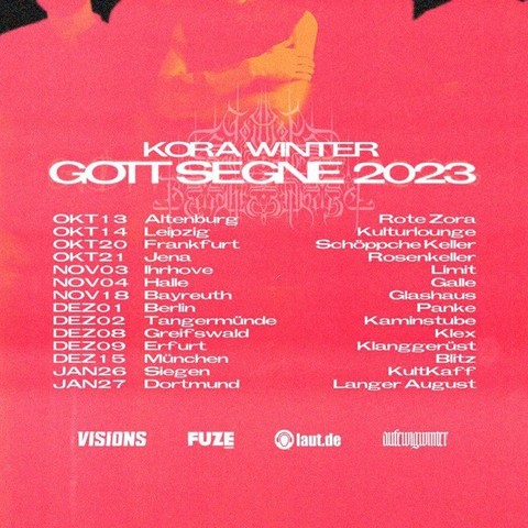 "Gott segne 2023" tour poster for Kora Winter. Check out all tour dates in the link of this post.