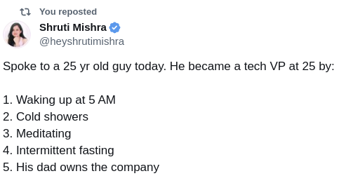 Shruti Mishra @heyshrutimishra posted this on X (Twitter):

Spoke to a 25 yr old guy today. He became a tech VP at 25 by:

1. Waking up at 5 AM
2. Cold showers
3. Meditating
4. Intermittent fasting
5. His dad owns the company

Credit: https://twitter.com/heyshrutimishra/status/1710496084655804861

