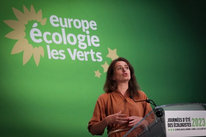 Marine Tondelier aux journées d’été des écologistes au Havre, le 24 août 2023. © Lou Benoist / AFP