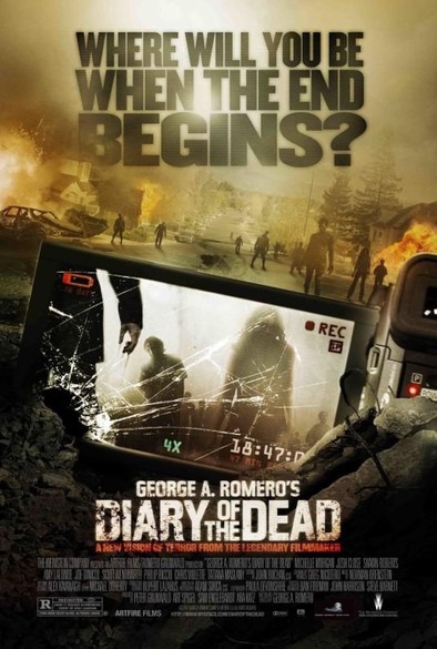 Movie poster for "Diary of the Dead". A video camera lying on the ground filming showing multiple zombies on-screen with the background being a burning city with more risen-dead walking towards the camera. 