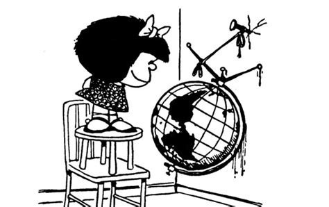 Mafalda on top of a chair on top of a stool, with a satisfied smile, looking at the globo terráqueo (earth globe) she just hung upside down on the wall 