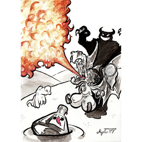 La petite sorcière se transforme en dragon. Elle crache une énorme gerbe de feu alors que son ombre démoniaque sent ce déferlement de puissance.

Le flacon d'une potion de transformation draconique vide est visible en premier plan, enfoncée dans le sable. Un logo est visible avec un piment affublé d'ailes de dragons.
