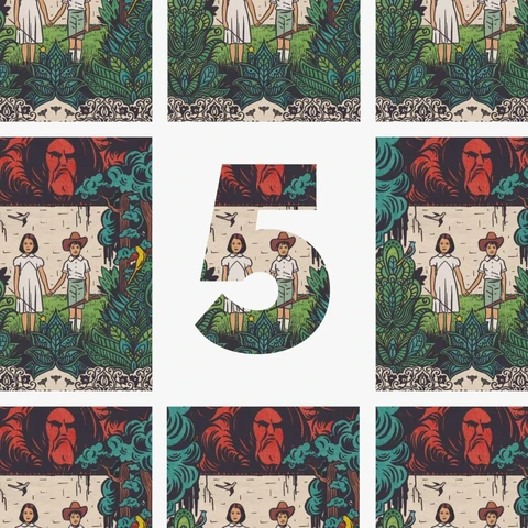 Griglia di immagini con sfondo bianco, di 3 file e 3 colonne con l'immagine ripetuta di  Due bambini che si tengono per mano in un giardino con uccelli e un muro dietro, un cielo nuvoloso rosso con la faccia di un uomo ( copertina del libro Oltre il giardino
di Chiara Mezzalama e Régis Lejonc)  . L'immagine centrale è contenuta nella forma di un 5.