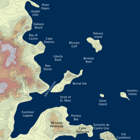 Detail from topo map of a drowned San Francisco after a 200' sea level rise by Burrito Justice and Brian Stokle. Dark blue water and land shown in bands of tan to dark red depicting the elevation of the landscape.