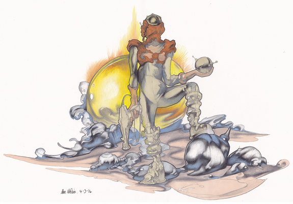 A humanoid holding a metallic sphere in one hand and a ray gun in the other stands amidst an apocalyptic landscape with a large yellow fireball behind it.