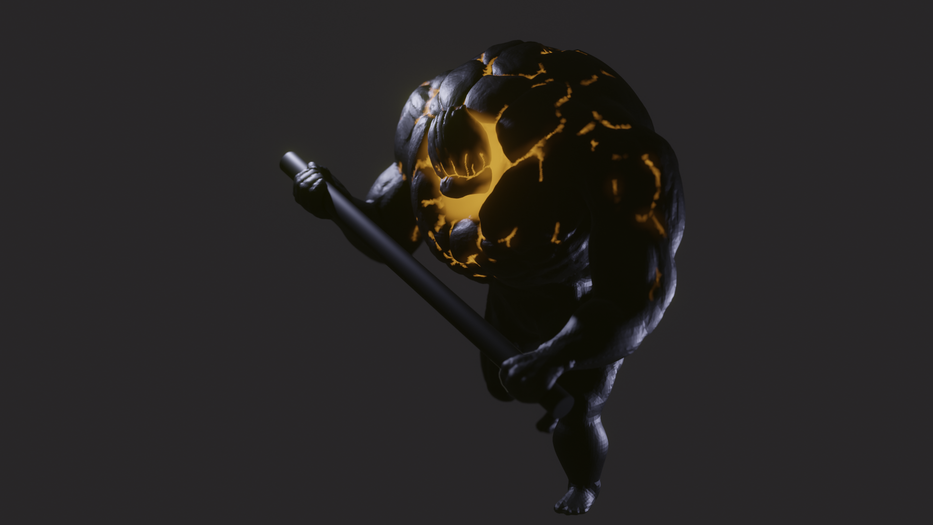 A rough sculpt of a lava goelm from Hand of Fate 1. Orange lava glow between cracks in its rocky body. In its hands, it holds the shaft of what would be its glowy lava hammer if I was motivated/had time to make that