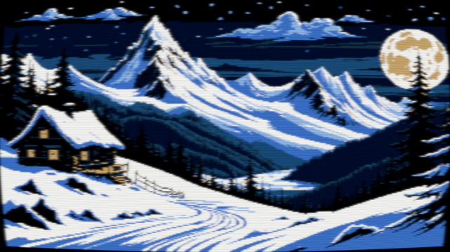 Pixel art of a world blanketed in the purity of untouched snow, where towering mountains wear a crystalline crown, their snowy peaks shimmering under the celestial spotlight. A solitary cabin stands, an embodiment of resilient warmth amidst the biting frost. Its wooden contours, softened by the snow, appear as a humble haven in this winter wonderland. Adding its luminous poetry to the scene, the full moon holds court in the expansive sky, casting silver threads of moonlight over the entire tableau. This ethereal light weaves a subtle, captivating tapestry across the Pacific Northwest's winter canvas, illuminating every snowflake, every tree, every silent whisper of the icy wind. This is not merely an image, but a moment in time, frozen and held for eternity, where nature's stillness speaks a thousand words, and the serene silence echoes with the beauty of the moonlit night. The image has a CRT filter applied.