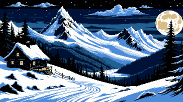 Pixel art of a world blanketed in the purity of untouched snow, where towering mountains wear a crystalline crown, their snowy peaks shimmering under the celestial spotlight. A solitary cabin stands, an embodiment of resilient warmth amidst the biting frost. Its wooden contours, softened by the snow, appear as a humble haven in this winter wonderland. Adding its luminous poetry to the scene, the full moon holds court in the expansive sky, casting silver threads of moonlight over the entire tableau. This ethereal light weaves a subtle, captivating tapestry across the Pacific Northwest's winter canvas, illuminating every snowflake, every tree, every silent whisper of the icy wind. This is not merely an image, but a moment in time, frozen and held for eternity, where nature's stillness speaks a thousand words, and the serene silence echoes with the beauty of the moonlit night.  