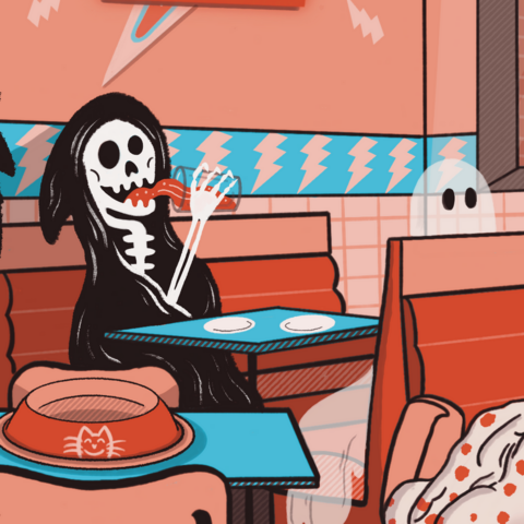 A grim reaper downing a drink with his best ghostly pal in an american style retro diner
