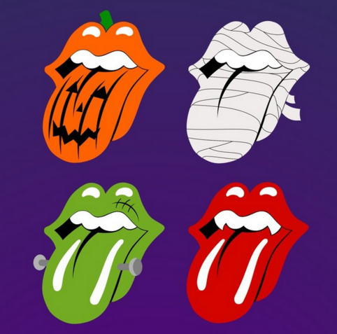 four cartoon pop art variations of the Rolling Stones lips and tongue designs with Halloween themes, one is a pumpkin with a jack-o-lantern face on his tongue, one is wrapped like a mummy, one is frankenstein with electric bolts in his tongue, one is a vampire with sharp teeth, on dark purple background  