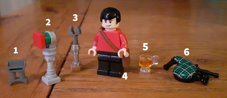 The Montgomery Scott Starter Pack:

1. Ray Generator
2. Magnatomic Scope
3. Magnetic Polarity Tool
4. Engineering Tricorder
5. 2245 Speyside Whisky
6. Funeral Pipes

(A LEGO minifigure creation, with accessories)