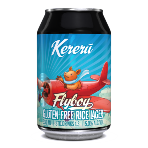 A 330ml can of Kereru Brewing Co's upcoming gluten-free rice lager with a cheerful red plane being flown by a Kune Kune pig wearing a sky blue aviator's scarf depicted on the label.