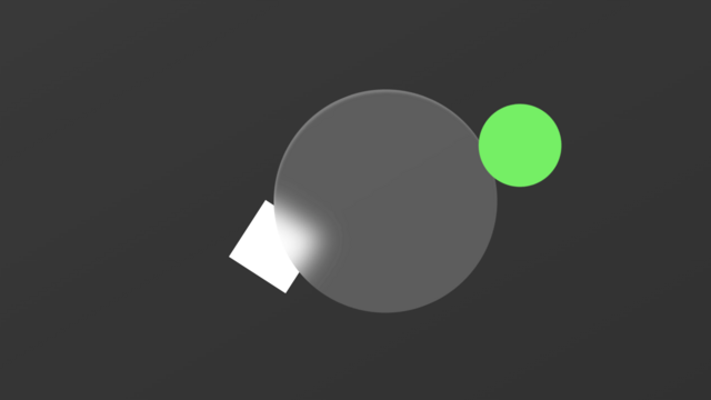 Screenshot. Shows a still of the animation where two shapes, a white square and a green disc orbit around a round glass. At the point where the screen was taken, the white square starts passing behind the glass, so the part of it seen through the glass looks blurred (this is the glassmorphism effect), white the green disc starts passing in front of the glass, so nothing about how we see it gets altered by the glass.