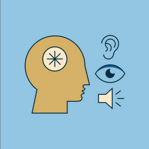 On light blue background, illustration of brown profile head with buttom in pink with an asterisk. Line artwork of an ear, an eye and a speaker. in a column in front of the head.