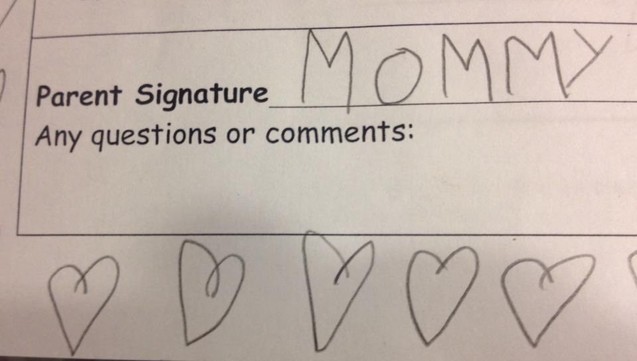 An elementary school paper form requiring "Parent Signature", signed in child block letters: "Mommy" with several hearts