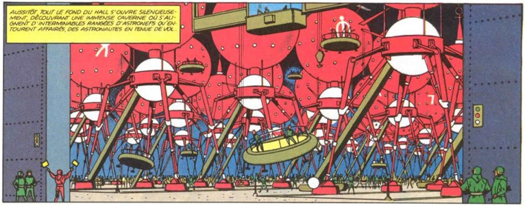 A panel from 'L'Énigme de l'Atlantide', by Edgar P. Jacobs: Hundreds of spherical-shaped spaceships with large legs, in an immense hangar.
