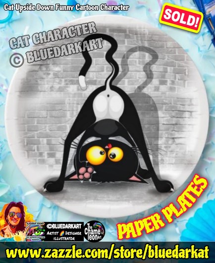 Cat Upside Down Funny Character ©️ BluedarkArt TheChameleonArt ● Paper plates available for sale in the BluedarkArt Zazzle Store
