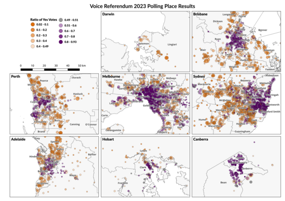 Map of polling places in capital cities showing yes vote ratio.