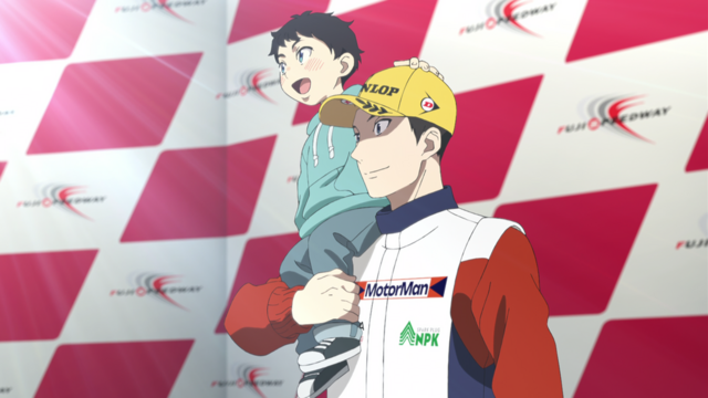 Haruka sitting on his father’s shoulder on the top step of the podium from the anime series Overtake! Episode 3.