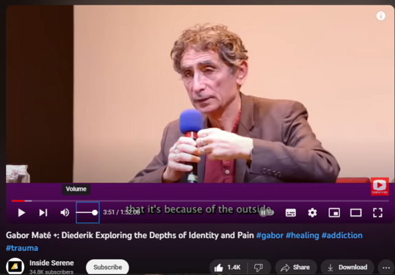 Gabor Maté +: Diederik Exploring the Depths of Identity and Pain #gabor #healing #addiction #trauma
https://www.youtube.com/watch?v=OAVxPAAjVrQ
59,249 views  16 Jul 2023
Gabor Maté +: Diederik  Exploring the Depths of Identity and Pain #gabor #healing #addiction #trauma

Join us on a transformative journey of self-discovery and emotional healing with the insightful teachings of Gabor Maté, a renowned physician, speaker, and author. In this captivating series, Dr. Maté delves into the depths of human identity and the profound impact of our thoughts and emotions on our well-being. Through his extensive expertise in addiction, trauma, and psychology, he offers practical tools to enhance emotional resilience and cope with pain, guiding viewers towards a path of greater self-awareness and personal growth. Get ready to explore the mind-body connection, gain wisdom from thought-provoking Q&A sessions, and uncover the secrets to living a more fulfilling and authentic life. #GaborMaté #SelfDiscovery #EmotionalHealing #MindBodyConnection #personalgrowth