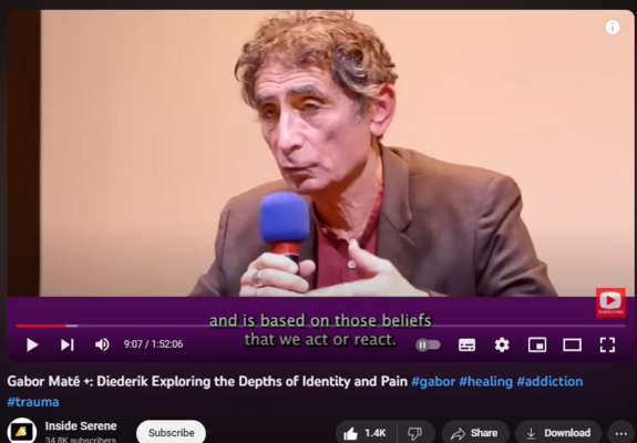 Gabor Maté +: Diederik Exploring the Depths of Identity and Pain #gabor #healing #addiction #trauma
https://www.youtube.com/watch?v=OAVxPAAjVrQ
In this emotionally expressive YouTube series, Gabor Maté unravels the mysteries of the human psyche, challenging viewers to ponder, "Who do you think you are?" Through candid moments of passionate discourse, Dr. Maté's wisdom shines as he delves into the intricacies of identity, showcasing how our thoughts alone can influence our pain. With a striking visual representation of his diverse expertise in medicine, psychology, and emotional well-being, this series offers a unique blend of profound knowledge and captivating storytelling. Prepare to be inspired and empowered by the transformative insights shared by one of the most insightful minds of our time. #GaborMaté #Psychology #EmotionalIntelligence #Inspiration #Wisdom
The power of words to control our emotions can be therapeutic to our mental health;
✅ “I'm here for you.”
✅  “You are not alone.”
✅  “You are worthy and deserving.”
✅  “You don't have to apologize.”
✅  “There is treatment available to you…”
✅  “You are strong!.”

I suffer from bipolar disorder. There are times that I experienced cyclical remission through music and motivational inspirational speech I was able to survive every stage of my cyclical depression. Inside Serene is my alter ego - my trusted friend a gatekeeper of my pandora's box of mindfulness that helps me overcome mental struggles.